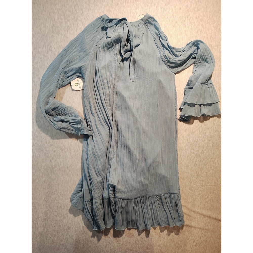 Dusty Blue Boho Size S (4-6) Crinkle Long Sleeve Airy Ruffle Hem Dress - Picture 7 of 11
